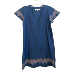 Corey Lynn Calter Anthropologie Linen Blend Shift Dress Size 0‎ Blue Embroidered